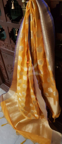 Yellow with Blue benarsi brocade duppata with woven zari booties all over.