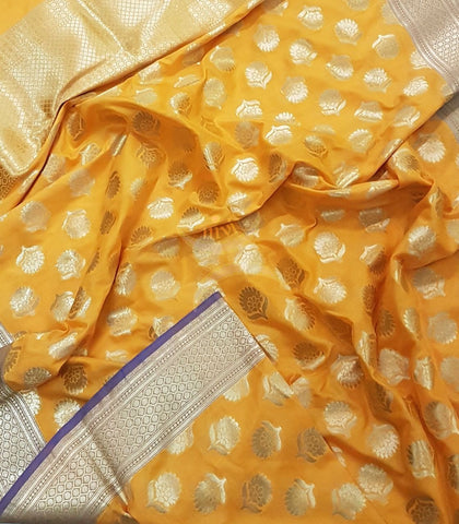 Yellow with Blue benarsi brocade duppata with woven zari booties all over.