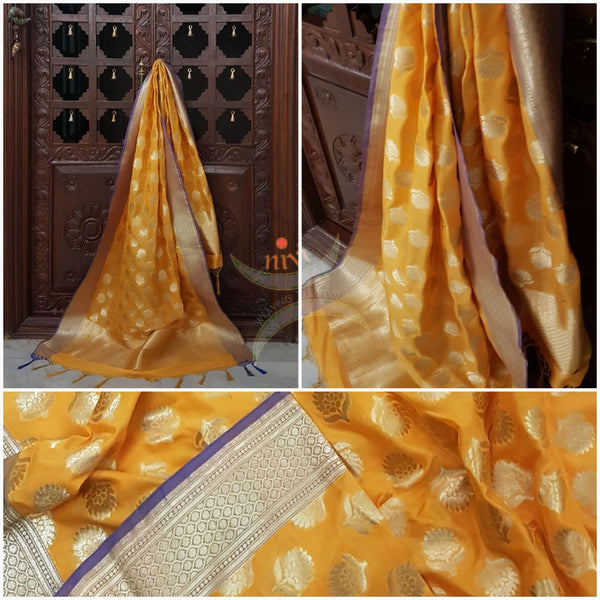 Yellow with Blue benarsi brocade duppata with woven zari booties all over.