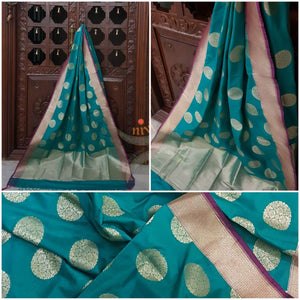 Turquoise blue with pink benarsi brocade duppata with woven zari booties all over.