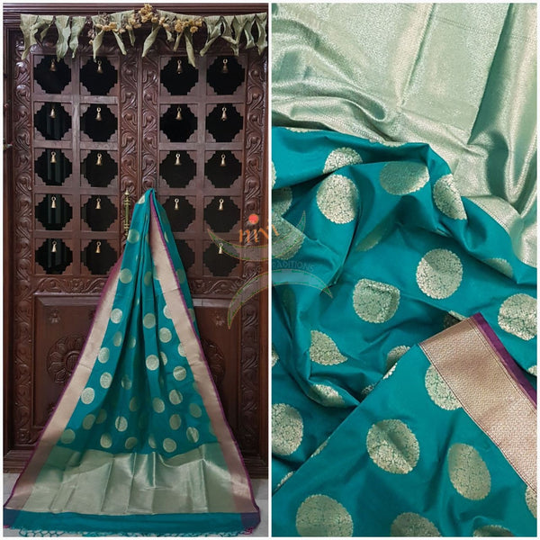 Turquoise blue with pink benarsi brocade duppata with woven zari booties all over.