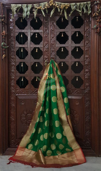 Green with red benarsi brocade duppata with woven zari booties all over.