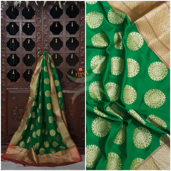 Green with red benarsi brocade duppata with woven zari booties all over.