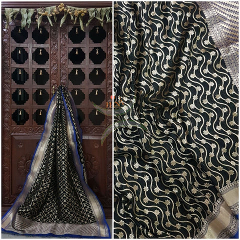 Black with blue benarsi brocade duppata with woven zari booties all over.