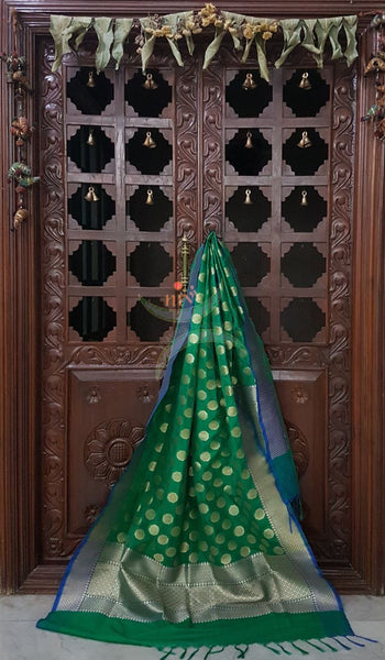 Green with blue benarsi brocade duppata with woven zari booties all over.