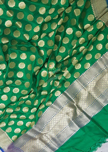 Green with blue benarsi brocade duppata with woven zari booties all over.