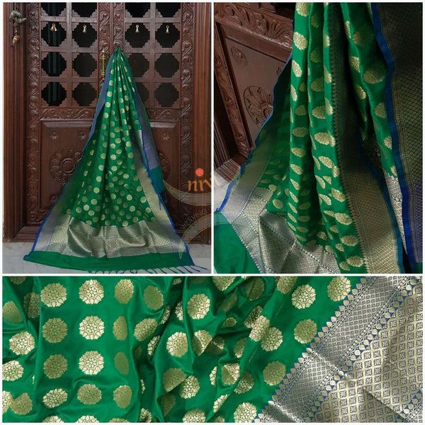 Green with blue benarsi brocade duppata with woven zari booties all over.