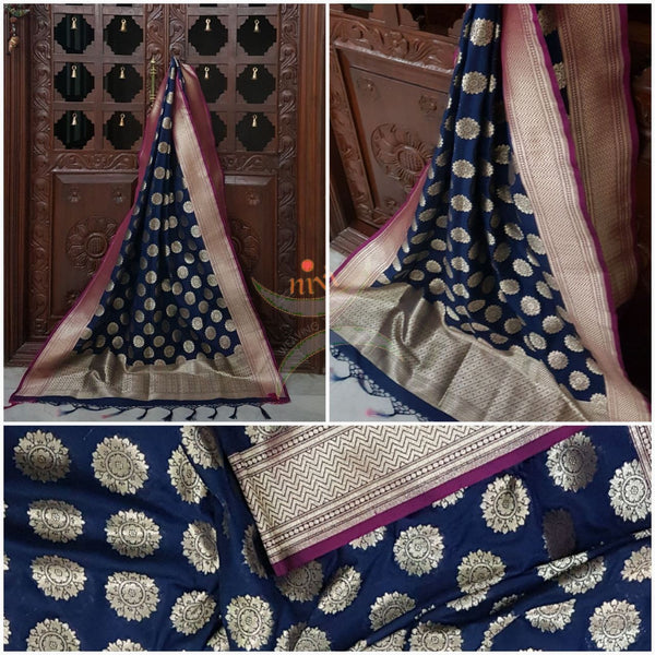 Navy blue with pink benarsi brocade duppata with woven zari booties all over.