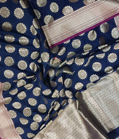 Navy blue with pink benarsi brocade duppata with woven zari booties all over.