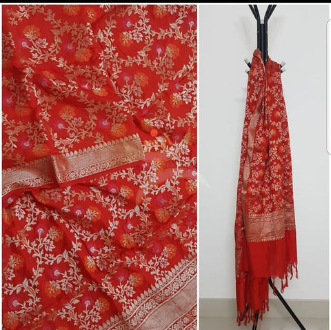 Red handloom muga silk benaras brocade dupatta