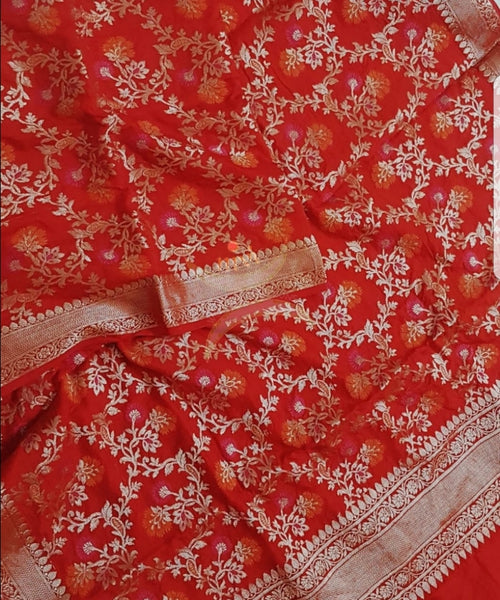 Red handloom muga silk benaras brocade dupatta