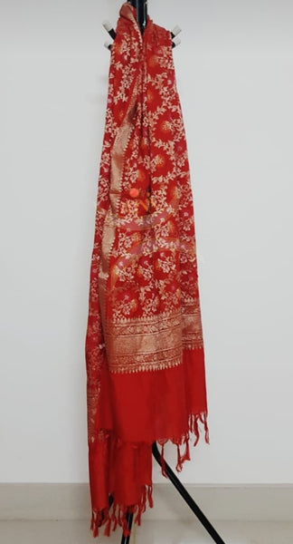 Red handloom muga silk benaras brocade dupatta