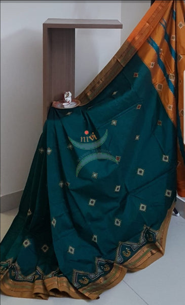 Teal green silk cotton ilkals with machine kasuti embroidery
