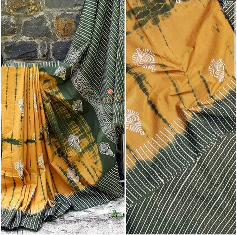 Grey and orange handloom cotton bagru hand printed saree