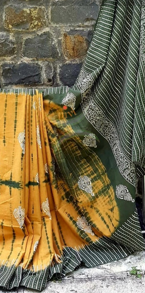 Grey and orange handloom cotton bagru hand printed saree