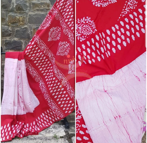 Red and pink handloom cotton bagru hand printed saree