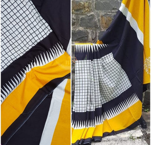 Yellow handloom cotton bagru hand printed saree