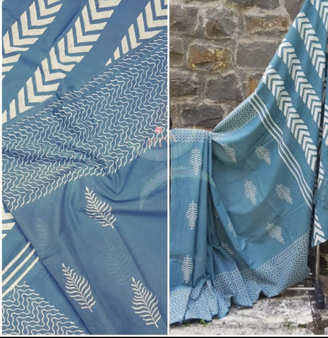 Grayish blue handloom cotton bagru hand printed saree
