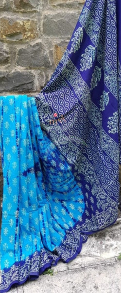 Blue handloom cotton tie and dyed bagru hand printed saree
