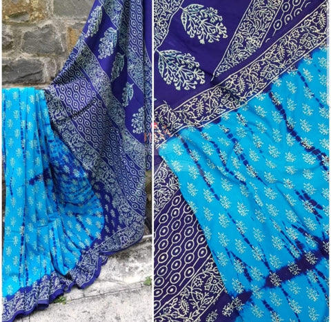 Blue handloom cotton tie and dyed bagru hand printed saree