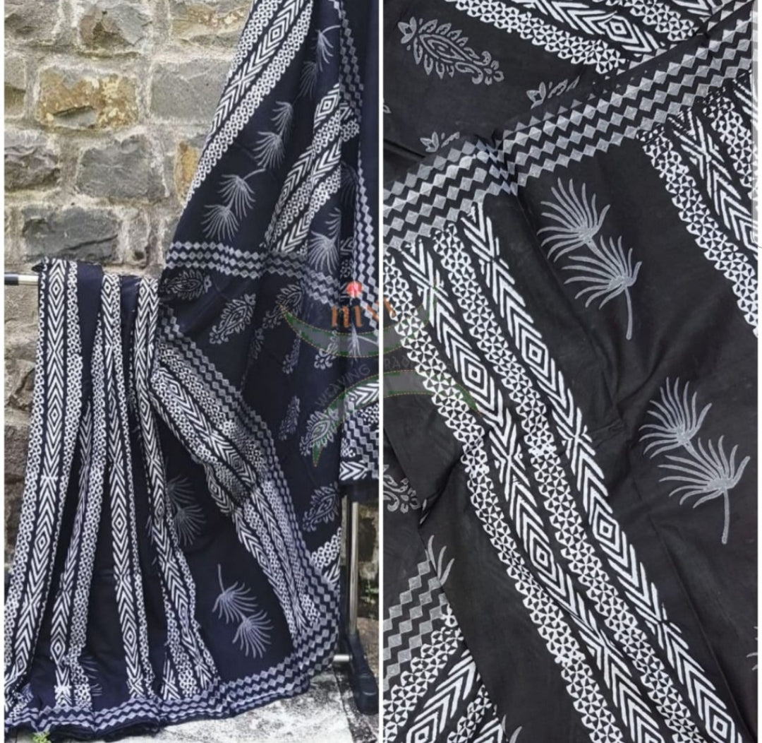 Black handloom cotton bagru hand printed saree