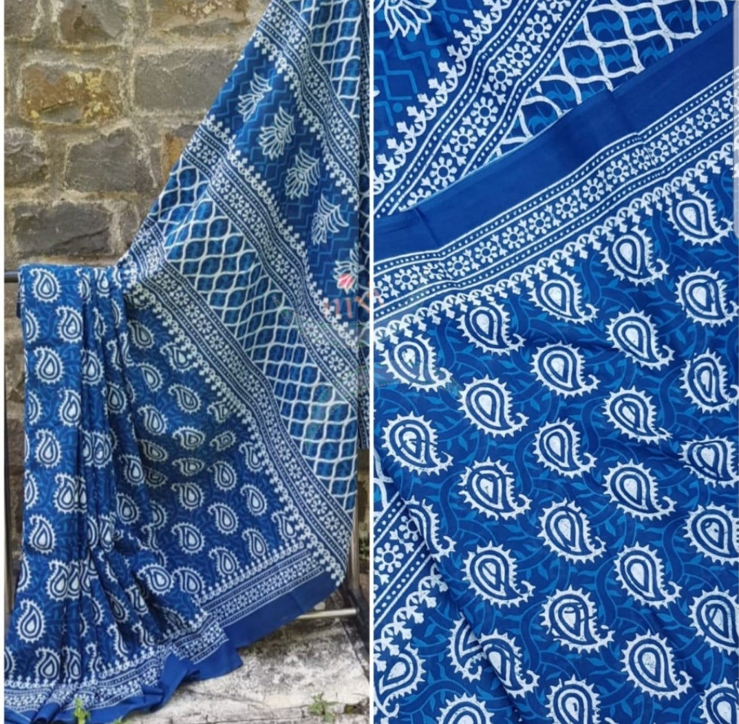Indigo handloom cotton bagru hand printed saree