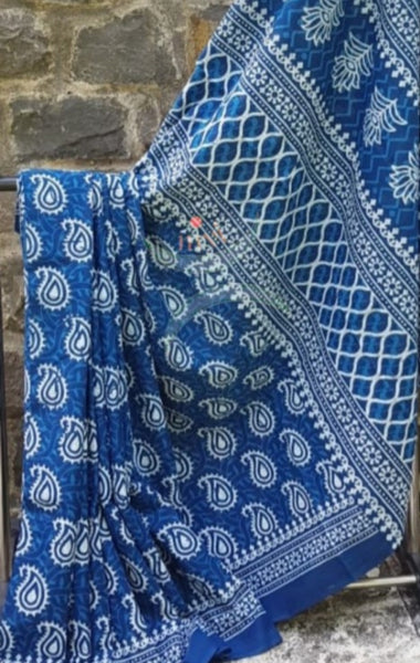 Indigo handloom cotton bagru hand printed saree