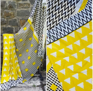 Yellow handloom cotton bagru hand printed saree