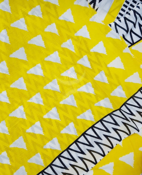 Yellow handloom cotton bagru hand printed saree