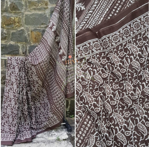 Brown handloom cotton bagru hand printed saree