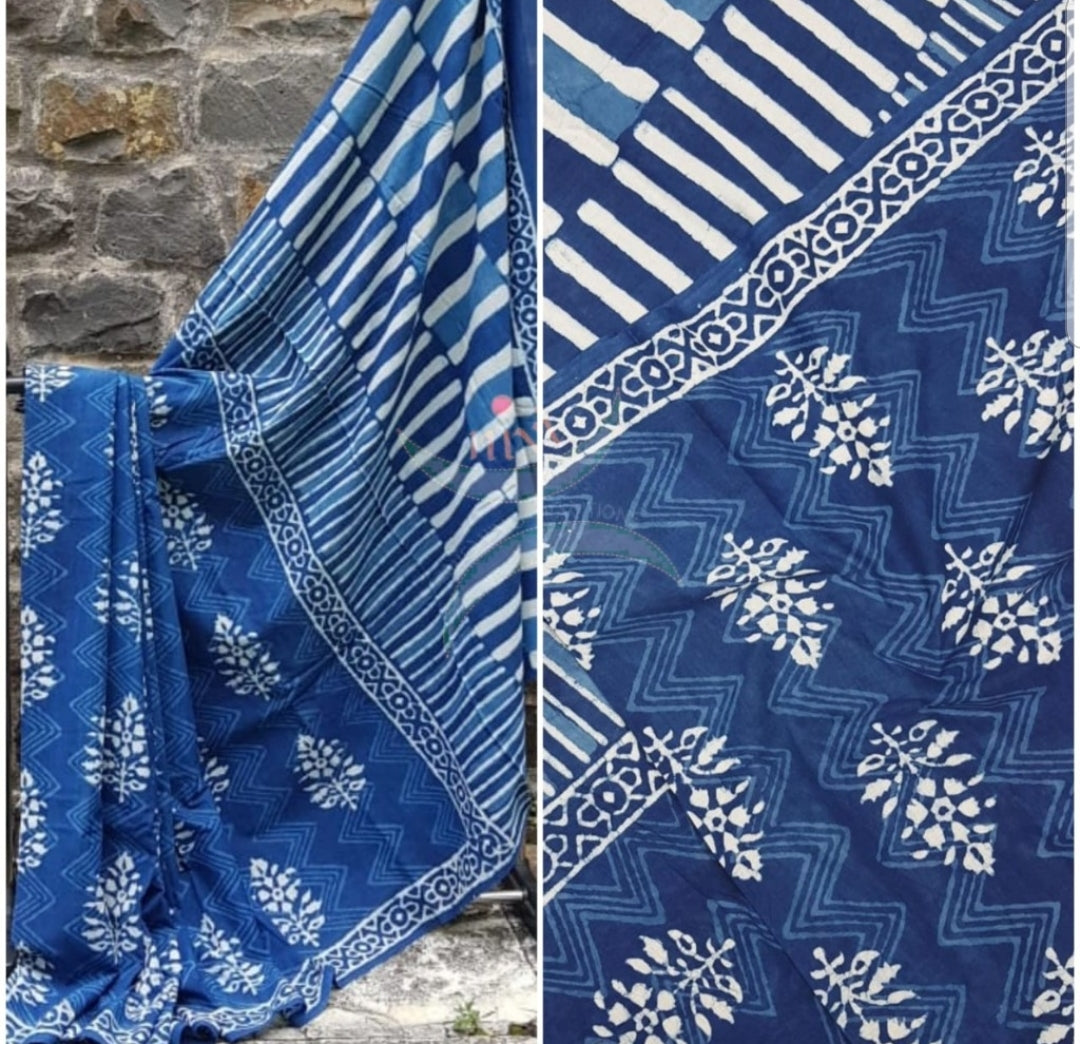 Indigo handloom cotton bagru hand printed saree