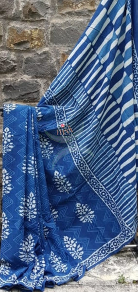 Indigo handloom cotton bagru hand printed saree