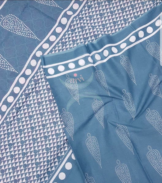 Grayish blue handloom cotton bagru hand printed saree