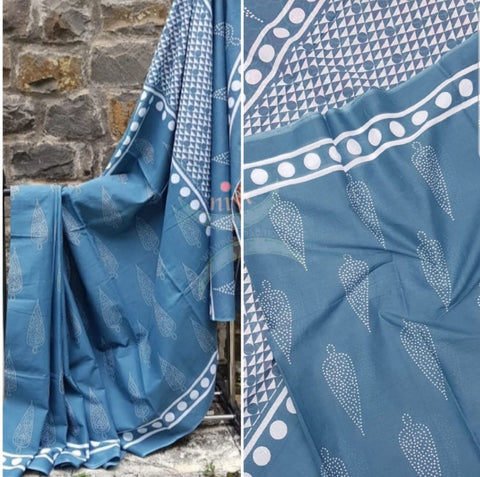 Grayish blue handloom cotton bagru hand printed saree
