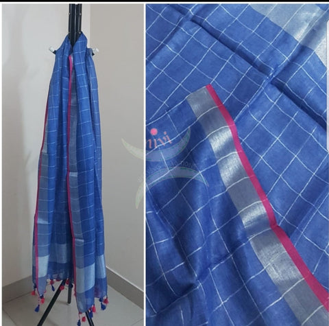 Blue Chequared linen duppata with subtle zari border