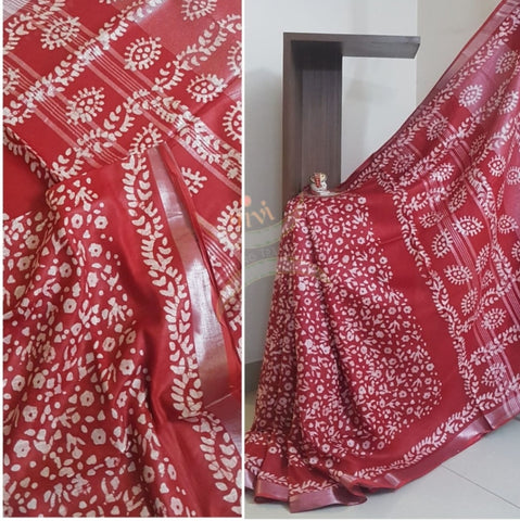Red Handprinted batik linen saree