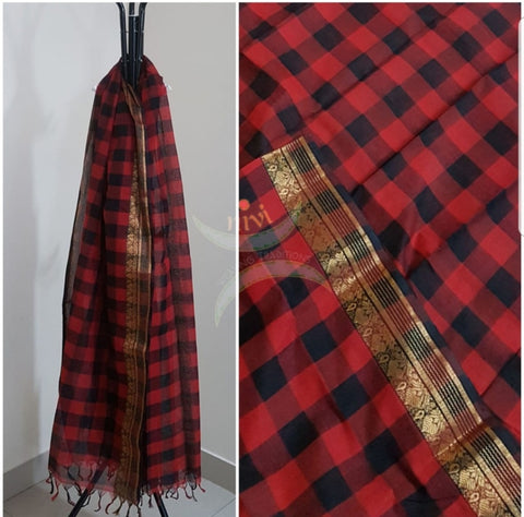 Maroon with black South cotton chequared duppata with traditional zari border
