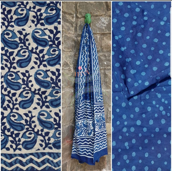 Handblock indigo printed cotton suit with pure cotton duppata