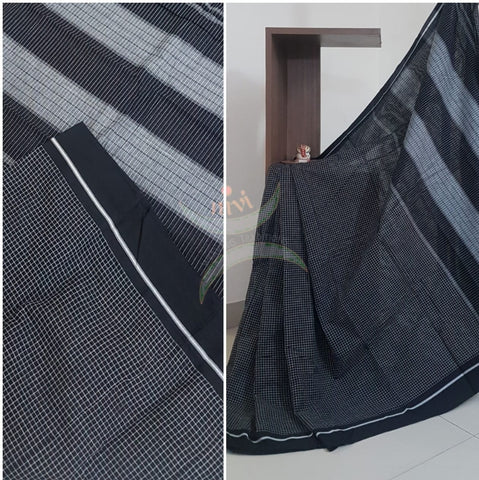Black Traditional Patteda anchu pure cotton checks saree