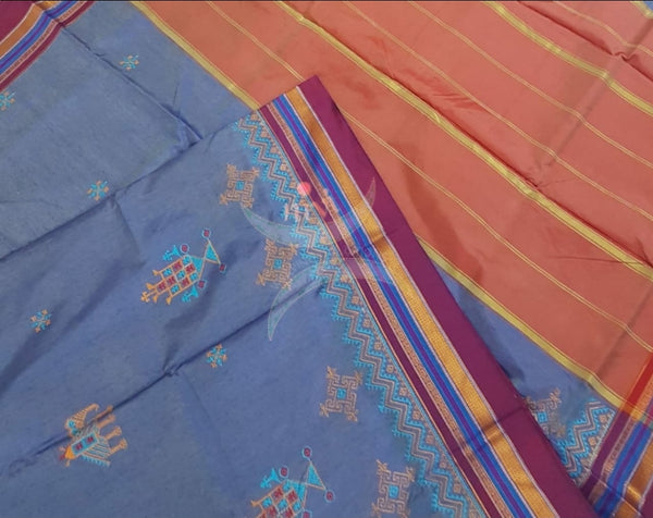 Blue cotton blend ilkal with traditional kasuti embroidery