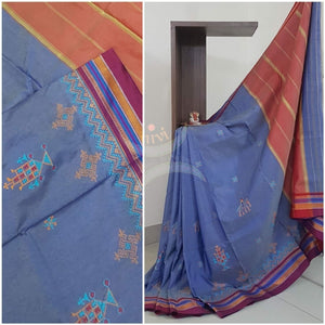 Blue cotton blend ilkal with traditional kasuti embroidery