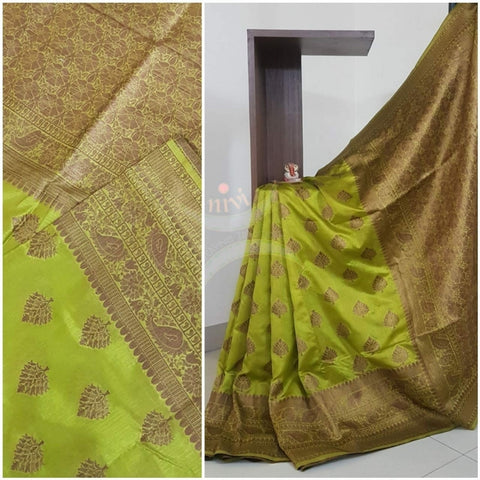 Green Art silk tussar with traditional thread woven border and brocade  pallu
